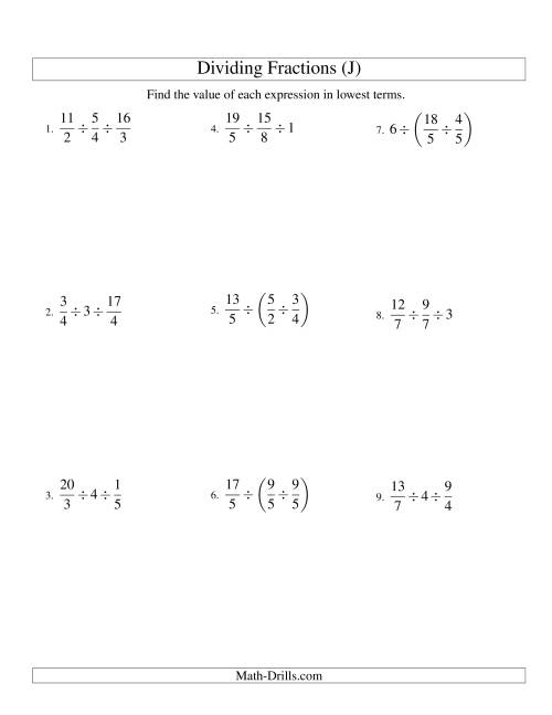 The Dividing and Simplifying Fractions with Some Whole Numbers and Three Terms (J) Math Worksheet