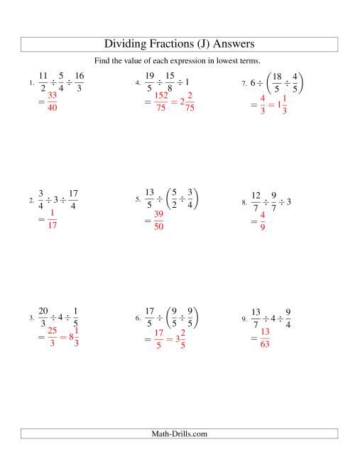 The Dividing and Simplifying Fractions with Some Whole Numbers and Three Terms (J) Math Worksheet Page 2