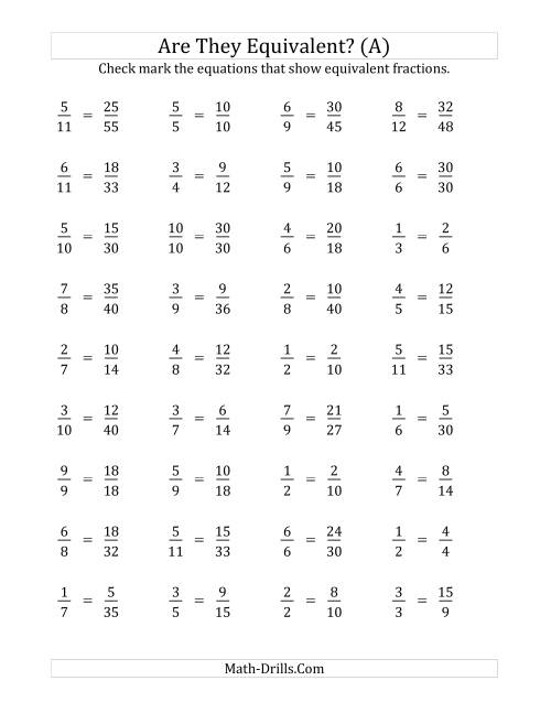 The Are These Fractions Equivalent? (Multiplier Range 2 to 5) (A) Math Worksheet
