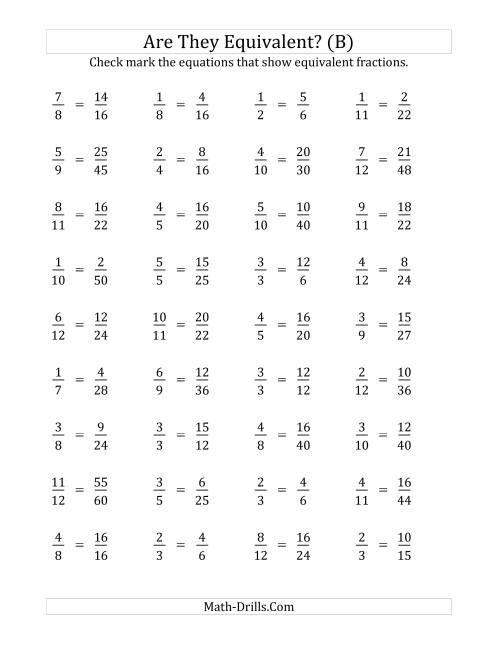 The Are These Fractions Equivalent? (Multiplier Range 2 to 5) (B) Math Worksheet