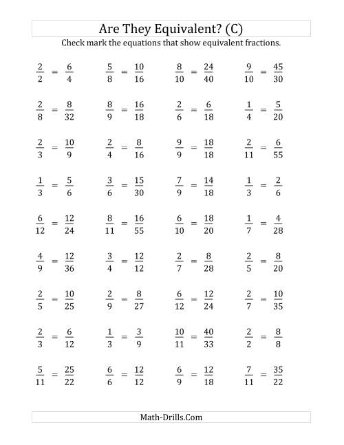 The Are These Fractions Equivalent? (Multiplier Range 2 to 5) (C) Math Worksheet