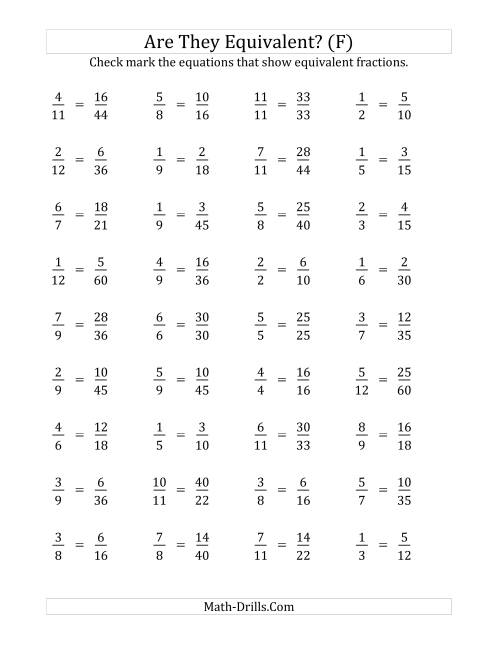 The Are These Fractions Equivalent? (Multiplier Range 2 to 5) (F) Math Worksheet