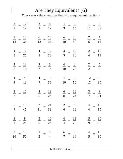 The Are These Fractions Equivalent? (Multiplier Range 2 to 5) (G) Math Worksheet