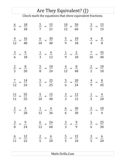 The Are These Fractions Equivalent? (Multiplier Range 2 to 5) (J) Math Worksheet