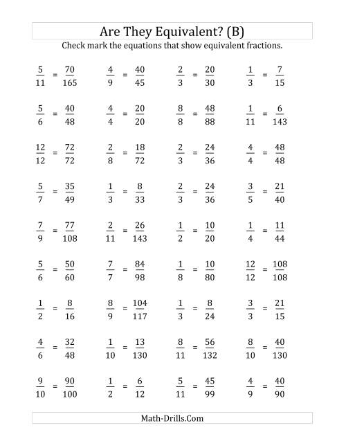 The Are These Fractions Equivalent? (Multiplier Range 5 to 15) (B) Math Worksheet