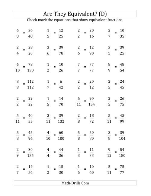 The Are These Fractions Equivalent? (Multiplier Range 5 to 15) (D) Math Worksheet