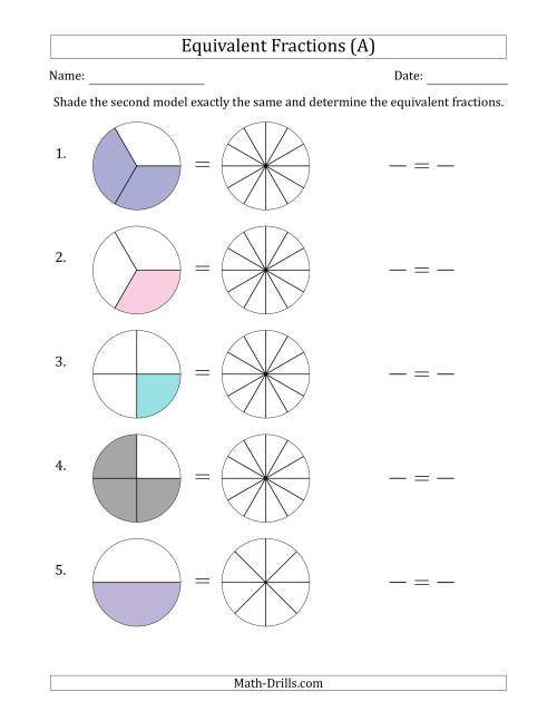 The Equivalent Fractions Models with the Simplified Fraction First (A) Math Worksheet