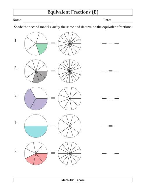 The Equivalent Fractions Models with the Simplified Fraction First (B) Math Worksheet