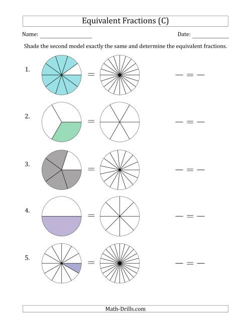 The Equivalent Fractions Models with the Simplified Fraction First (C) Math Worksheet