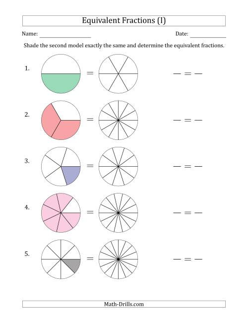 The Equivalent Fractions Models with the Simplified Fraction First (I) Math Worksheet