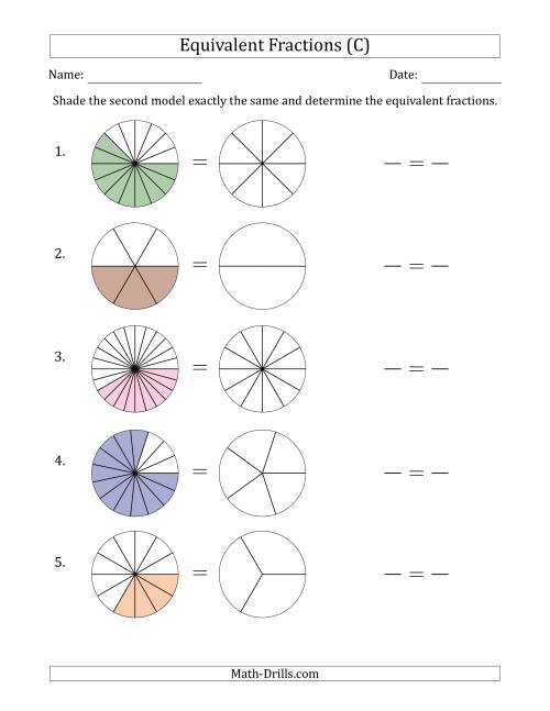The Equivalent Fractions Models with the Simplified Fraction Second (C) Math Worksheet