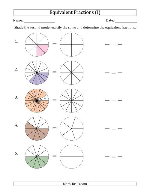 The Equivalent Fractions Models with the Simplified Fraction Second (I) Math Worksheet
