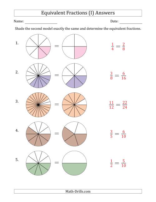 The Equivalent Fractions Models with the Simplified Fraction Second (I) Math Worksheet Page 2
