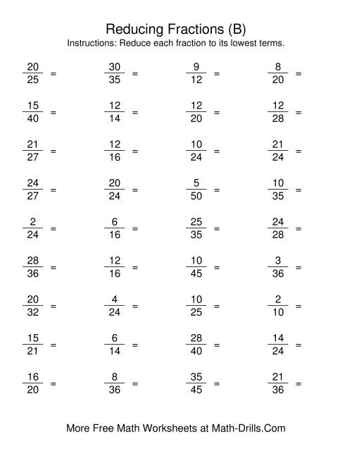 The Reducing Fractions to Lowest Terms (B) Math Worksheet