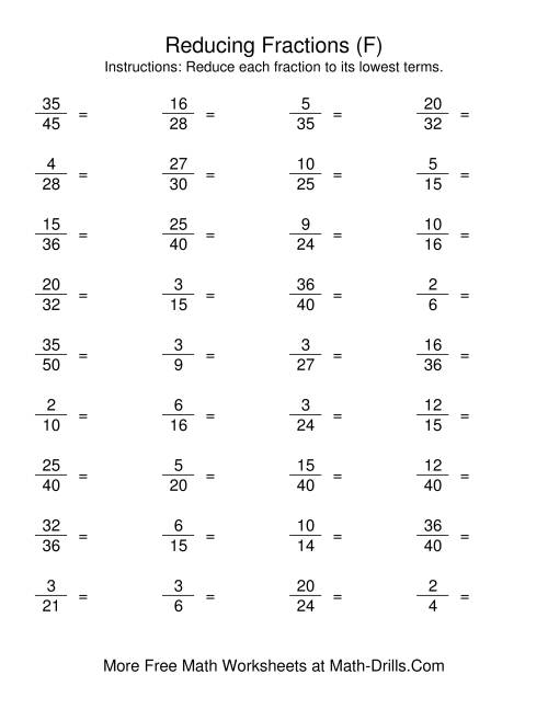 The Reducing Fractions to Lowest Terms (F) Math Worksheet