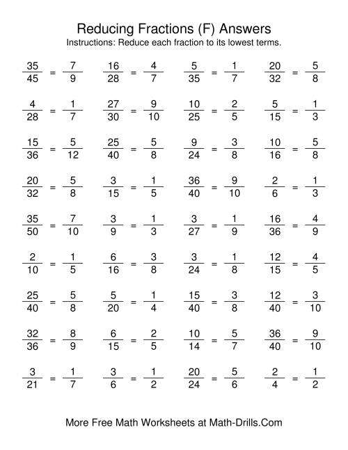 The Reducing Fractions to Lowest Terms (F) Math Worksheet Page 2