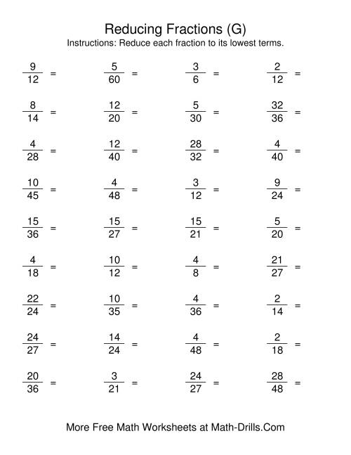 The Reducing Fractions to Lowest Terms (G) Math Worksheet
