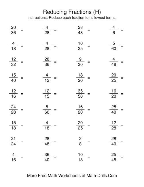 The Reducing Fractions to Lowest Terms (H) Math Worksheet
