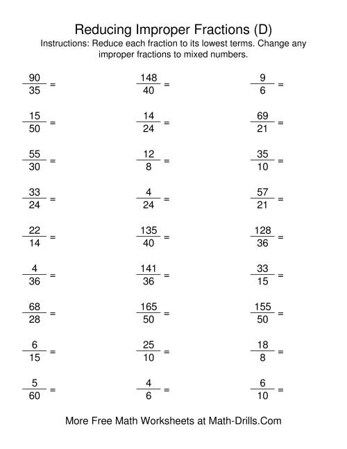 The Reducing Improper Fractions to Lowest Terms (D) Math Worksheet