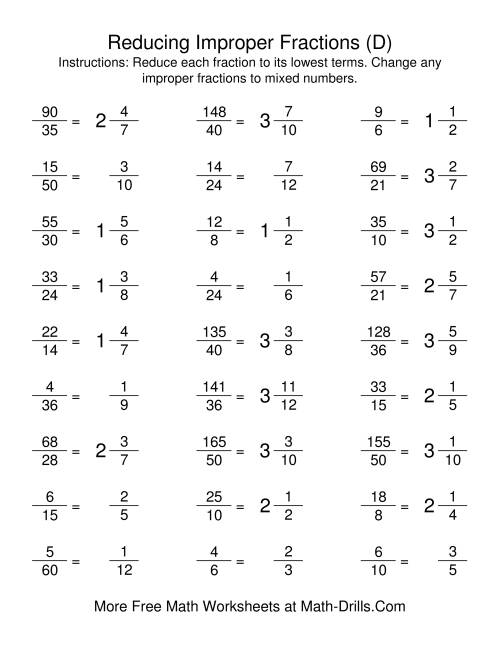 The Reducing Improper Fractions to Lowest Terms (D) Math Worksheet Page 2