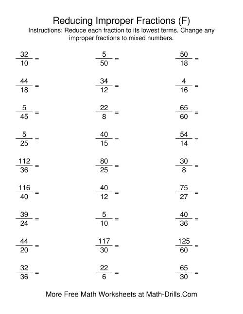 The Reducing Improper Fractions to Lowest Terms (F) Math Worksheet