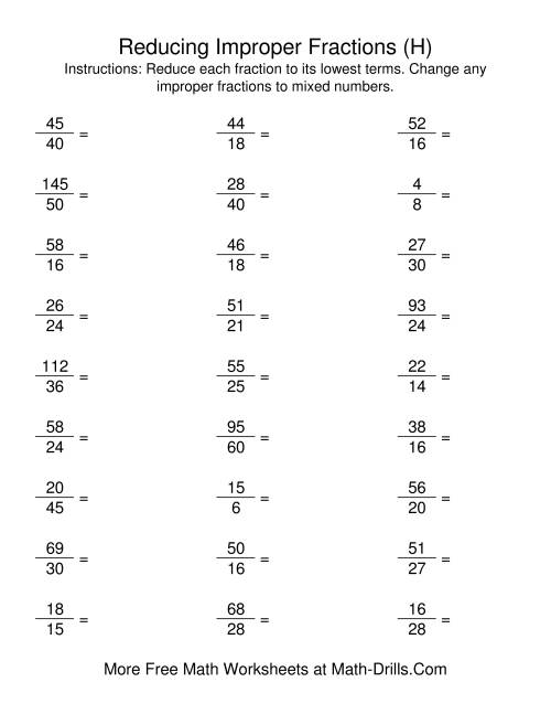 The Reducing Improper Fractions to Lowest Terms (H) Math Worksheet