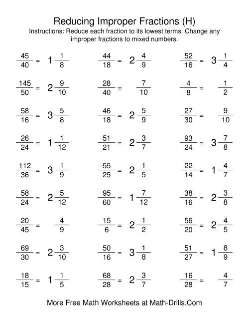 The Reducing Improper Fractions to Lowest Terms (H) Math Worksheet Page 2