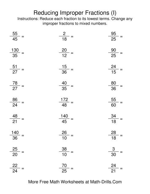 The Reducing Improper Fractions to Lowest Terms (I) Math Worksheet