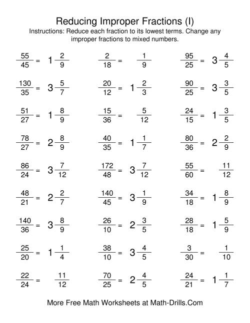The Reducing Improper Fractions to Lowest Terms (I) Math Worksheet Page 2