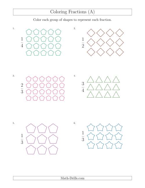 Coloring Groups of Shapes to Represent Fractions (A) Math Worksheet