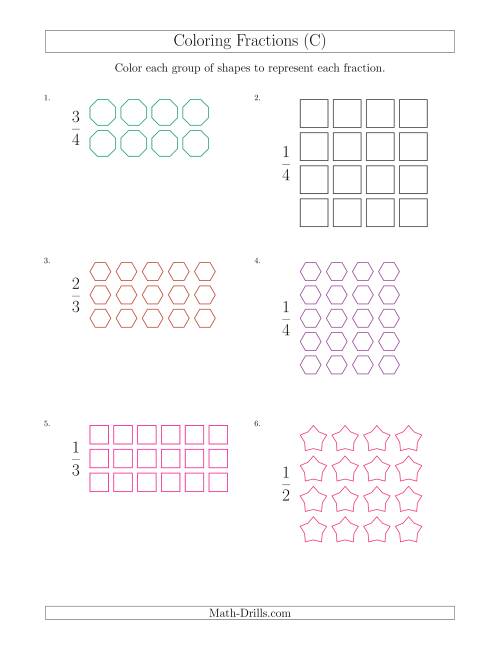 The Coloring Groups of Shapes to Represent Fractions (C) Math Worksheet