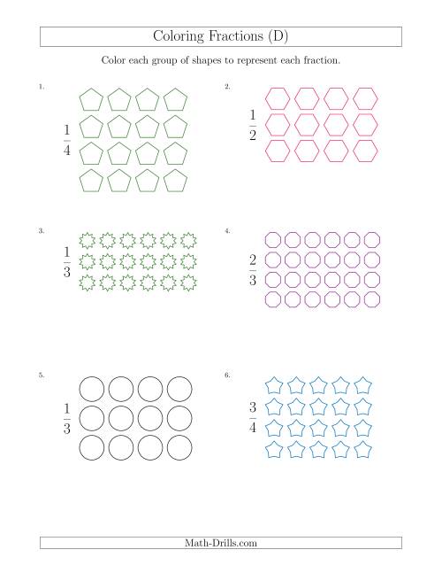 The Coloring Groups of Shapes to Represent Fractions (D) Math Worksheet