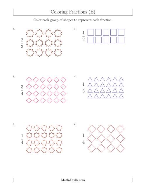 The Coloring Groups of Shapes to Represent Fractions (E) Math Worksheet