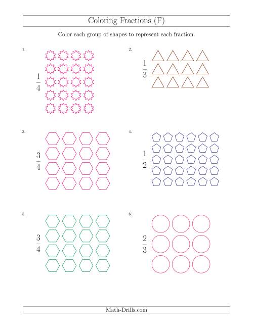 The Coloring Groups of Shapes to Represent Fractions (F) Math Worksheet