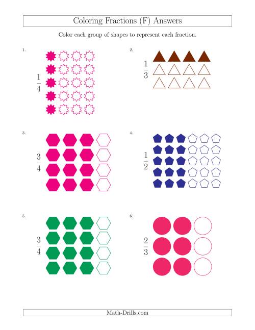 The Coloring Groups of Shapes to Represent Fractions (F) Math Worksheet Page 2