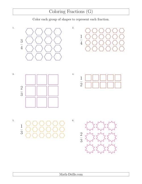 The Coloring Groups of Shapes to Represent Fractions (G) Math Worksheet