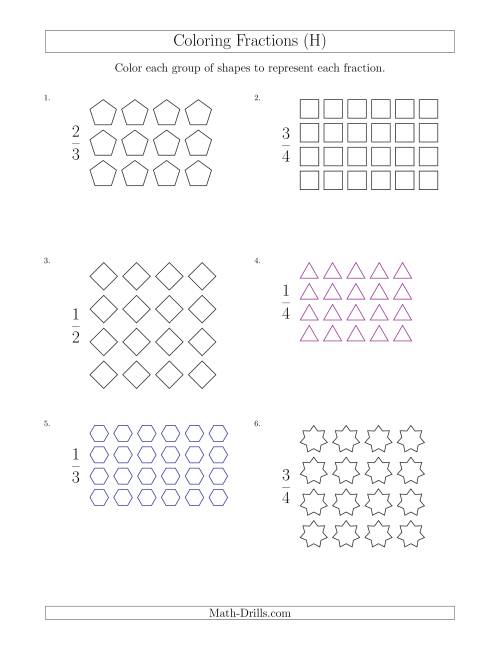 The Coloring Groups of Shapes to Represent Fractions (H) Math Worksheet