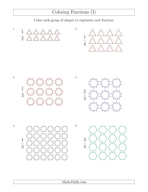 The Coloring Groups of Shapes to Represent Fractions (I) Math Worksheet