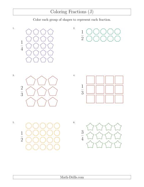 The Coloring Groups of Shapes to Represent Fractions (J) Math Worksheet