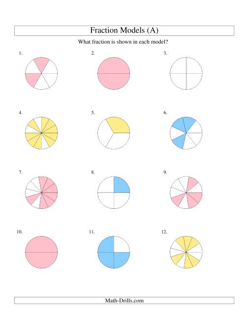 The Modeling Fractions with Circles -- Halves to Twelfths (A) Math Worksheet