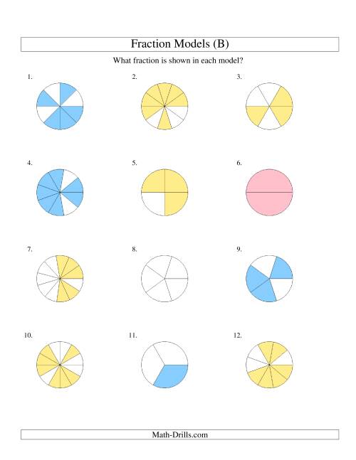 The Modeling Fractions with Circles -- Halves to Twelfths (B) Math Worksheet