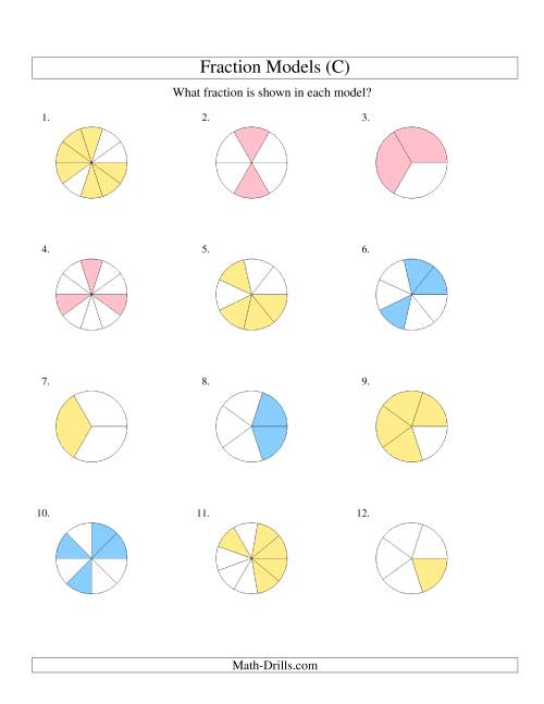 The Modeling Fractions with Circles -- Halves to Twelfths (C) Math Worksheet