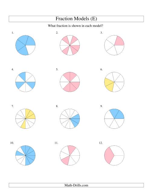 The Modeling Fractions with Circles -- Halves to Twelfths (E) Math Worksheet