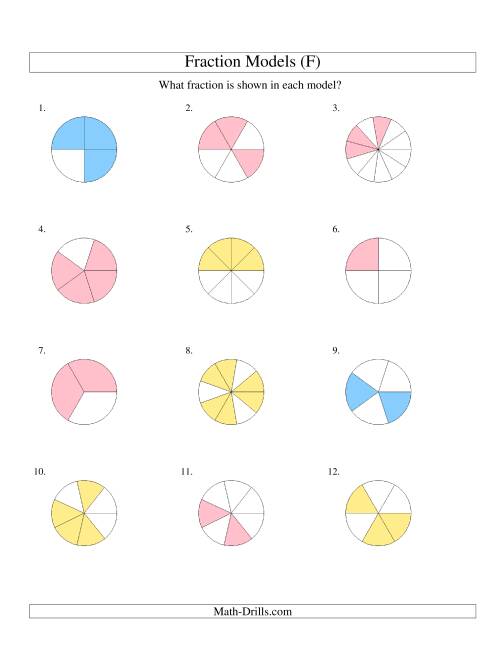 The Modeling Fractions with Circles -- Halves to Twelfths (F) Math Worksheet