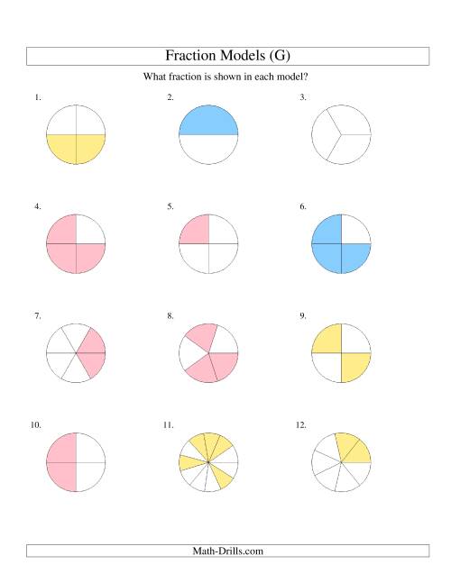 The Modeling Fractions with Circles -- Halves to Twelfths (G) Math Worksheet