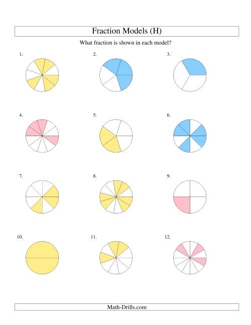 The Modeling Fractions with Circles -- Halves to Twelfths (H) Math Worksheet