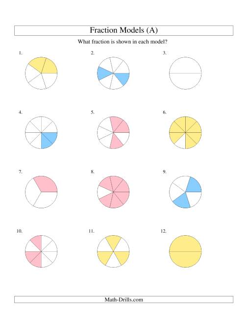 The Modeling Fractions with Circles -- Halves to Eighths (A) Math Worksheet