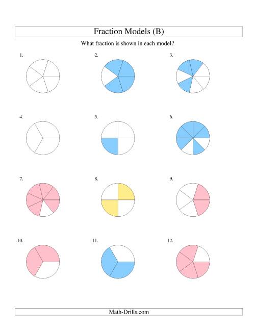 The Modeling Fractions with Circles -- Halves to Eighths (B) Math Worksheet