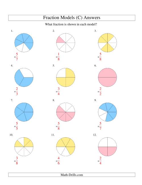 The Modeling Fractions with Circles -- Halves to Eighths (C) Math Worksheet Page 2