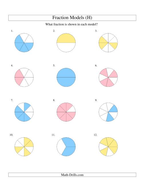 The Modeling Fractions with Circles -- Halves to Eighths (H) Math Worksheet